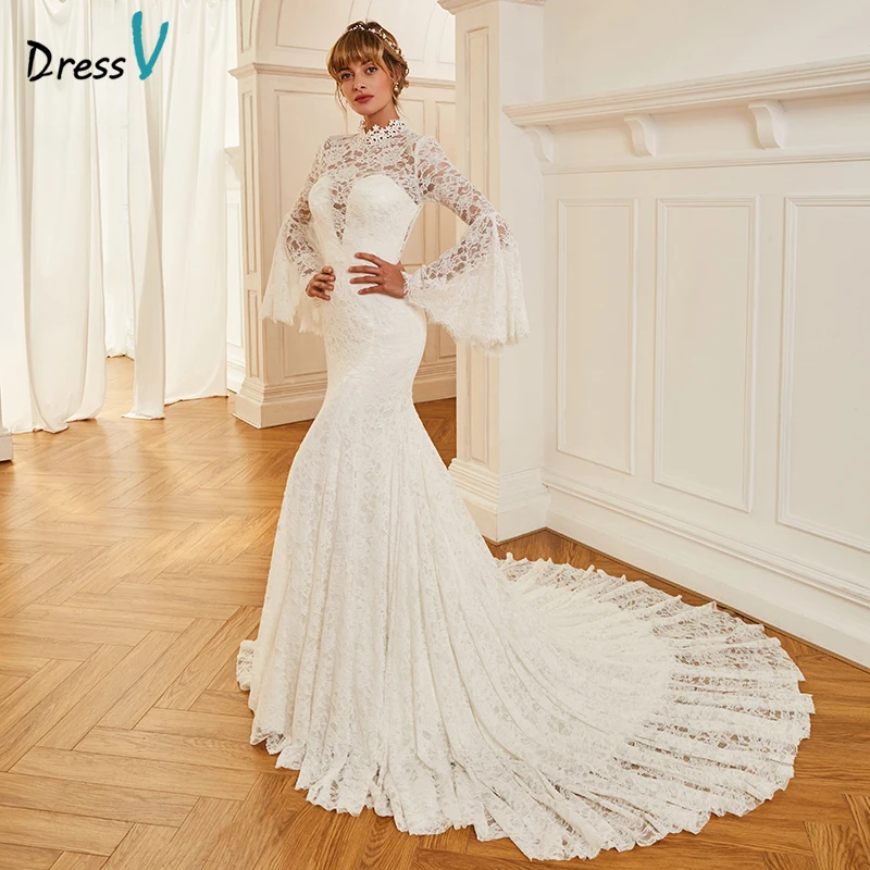 Dressv Ivory Wedding Dress High Neck Court Train Long Sleeves
