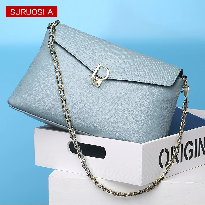 blue messenger bags two Strap cowhide leather handbag ladies Chain shoulder bags clutch fashion crossbody bag brand