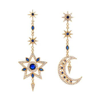 

Classic Bohemia Ethnic Asymmetric Blue Rhinestone Moon Star Dangle Earring For Women Shiny Zircon Statement Earring Jewelry