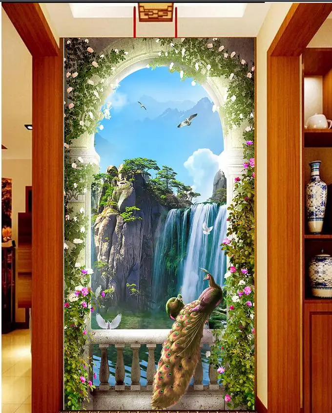 

3D sea view Peacock landscape Rome Column porch Home Decoration wall mural photo wallpaper europe wallpaper