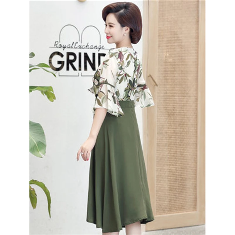 Women Clothes for obese Summer Dress Elegant Print Women Dresses Quality Floral Sleeve Ladies Dress Belt Middle Age Women Dress