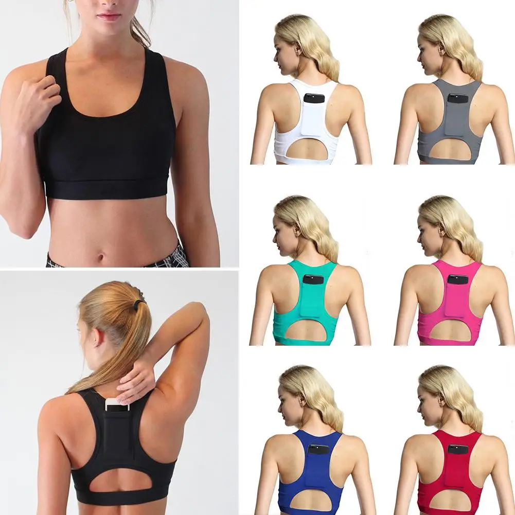 

Women Yoga Bra Top Back Phone Pocket Padded Hollow Out Women Sports Bra Fitness Running Workout Running Sport Bra Top