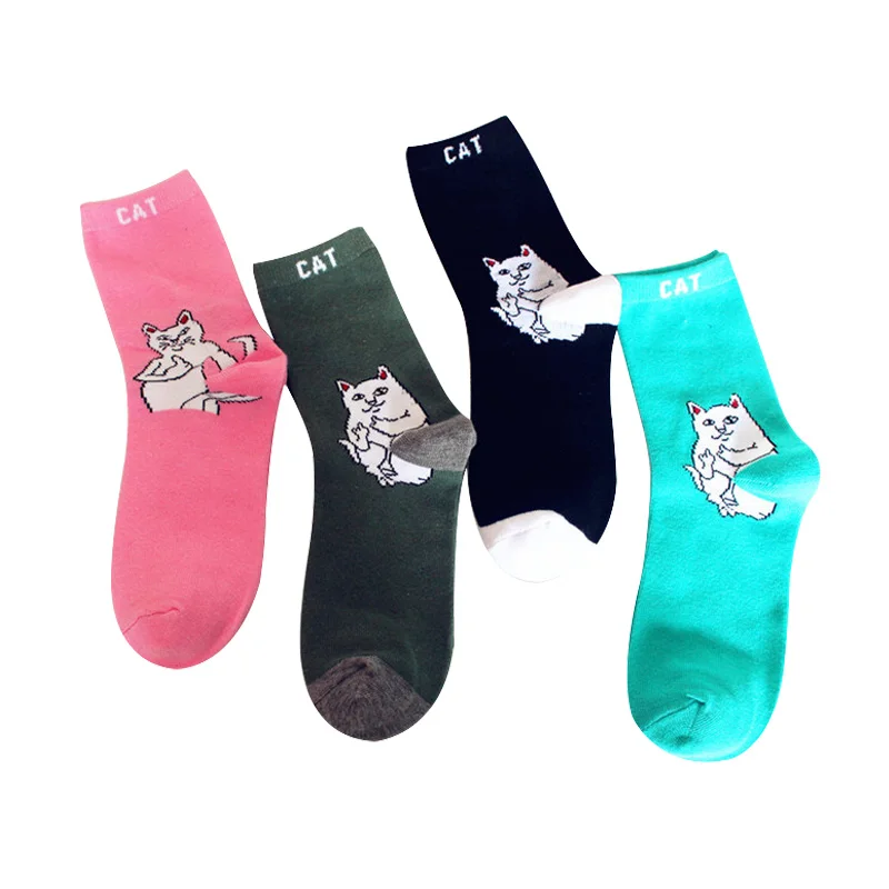 Брендовые элегантные креативные женские носки с котом, милые женские хлопковые носки с рисунком, забавные носки с котом на среднем пальце