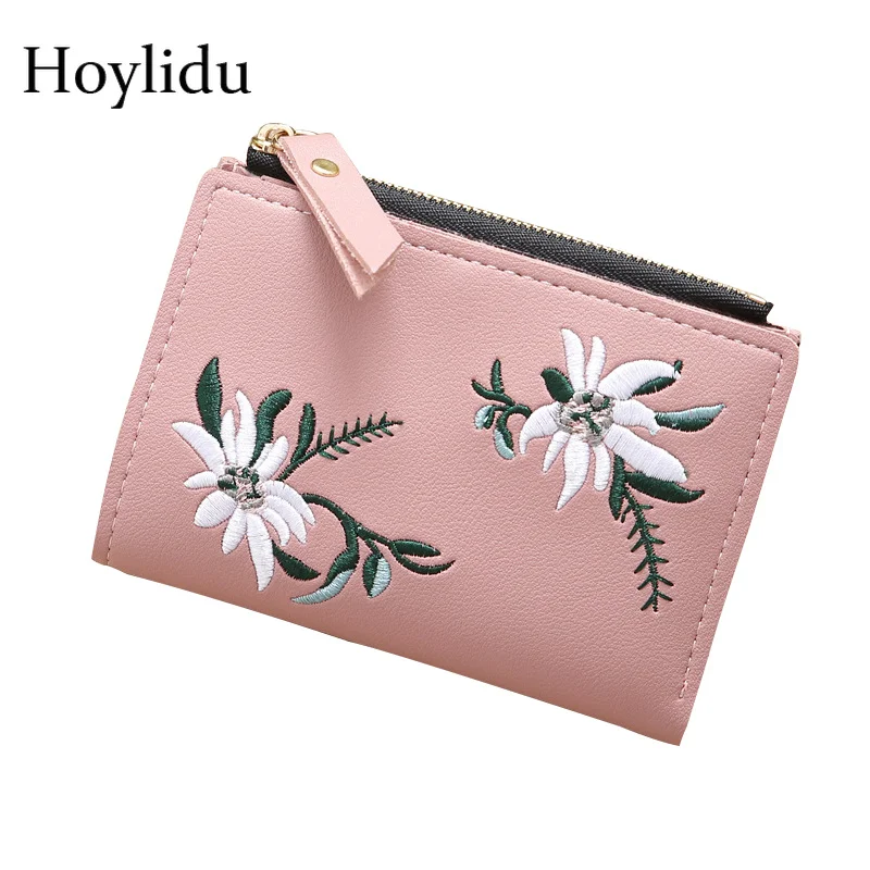 

PU Leather Womens Wallets and Purses Mini Short Change Money Bags Embroidery Slim Wallet Zipper Small Coin Purse Card Holder