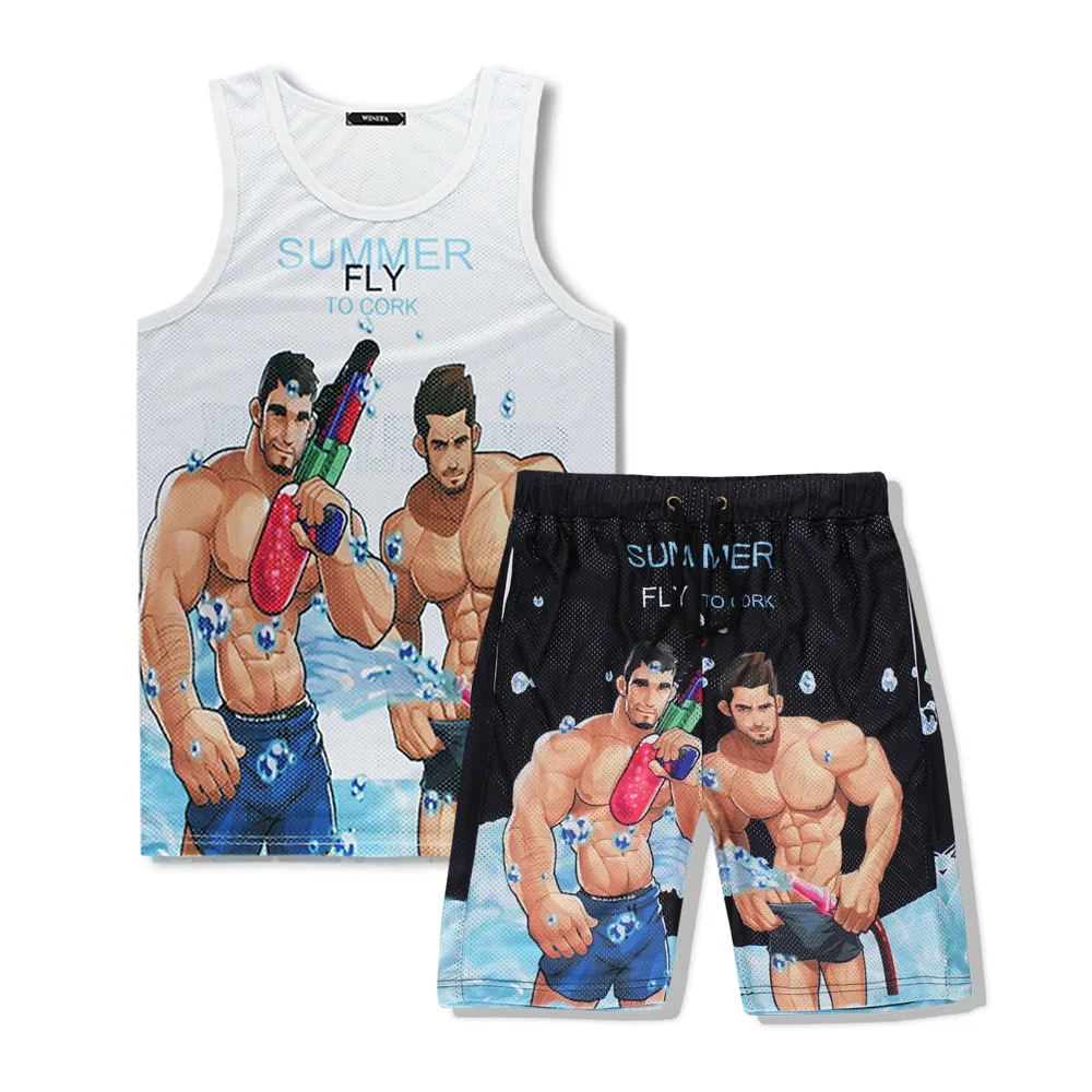 Brand Clothing New Fashion Track Suit For Men Tank Top 2pcs Shorts Sets 3D Print Letter Sleeveless T shirt Mesh Vest summer set