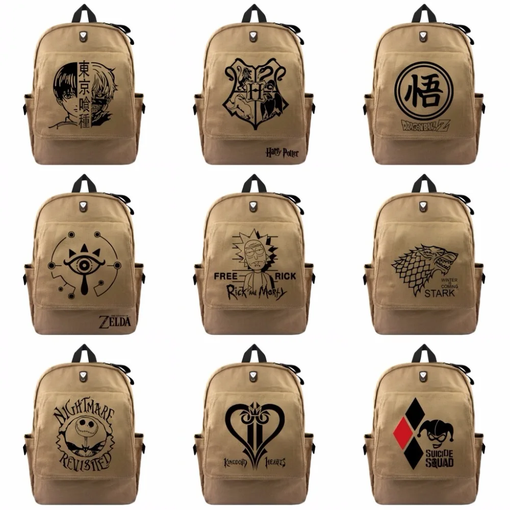 

anime Rick and Morty Harri Potter Suicide Squad Gravity Falls backpack School bag Travel Bag khaki Shoulder package 18 style