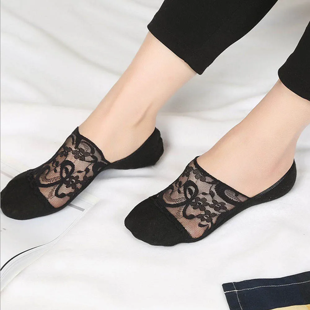 

Fashion Women Flower Silk Cotton Short Ankle Socks Cute Crystal Lace Invisible Liner Short Socks
