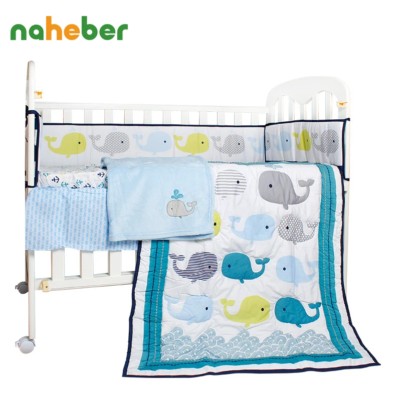 8Pcs Newborn Baby Bedding Set Cotton Crib Bedding Cartoon Whale Bumpers