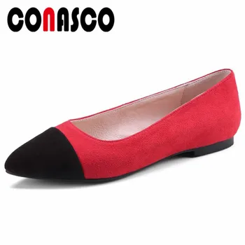 

CONASCO 2019 Spring Summer New Pointed Toe Women Flats Shallow Single Shoes Mixed Colors Kid Suede Office Casual Shoes Woman