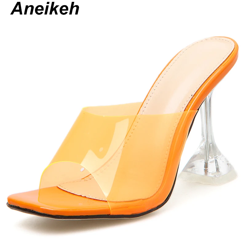 Aneikeh прозрачные Шлепанцы из ПВХ; пикантные шлепанцы на высоком каблуке с открытым носком; женская обувь со стразами; прозрачные шлепанцы на высоком каблуке; Размер 9
