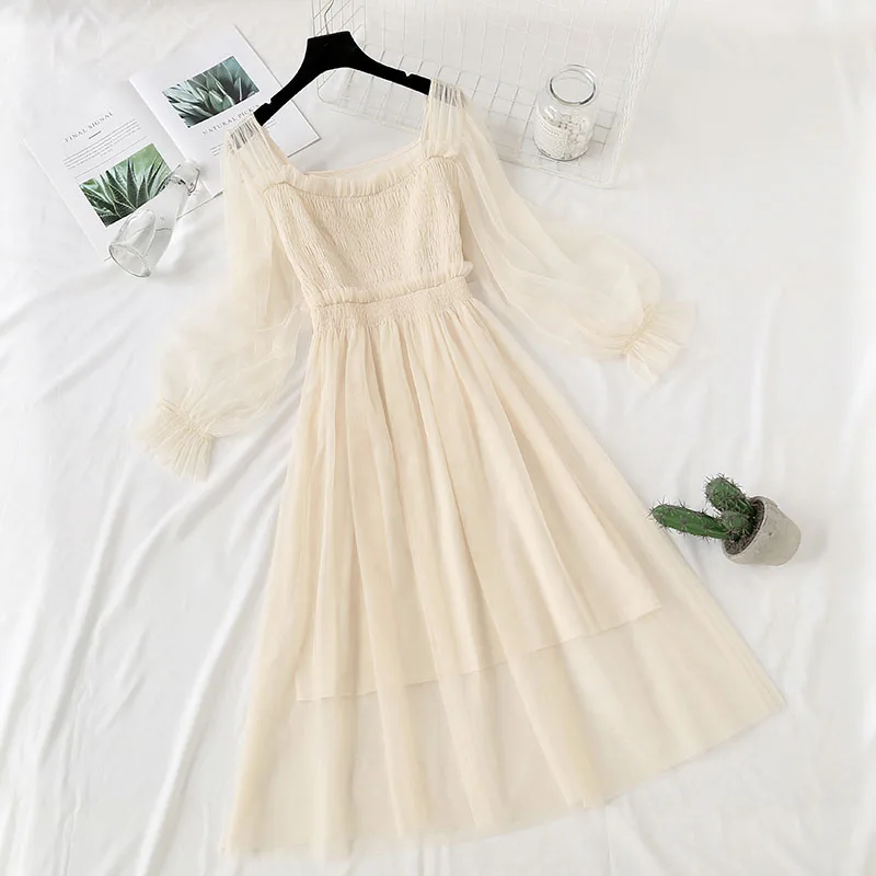 

2019 Spring and summer Women's clothing Mesh Lace Dress Square collar High Waist Ruffle Dress Female Two-piece set Vestido RQ167