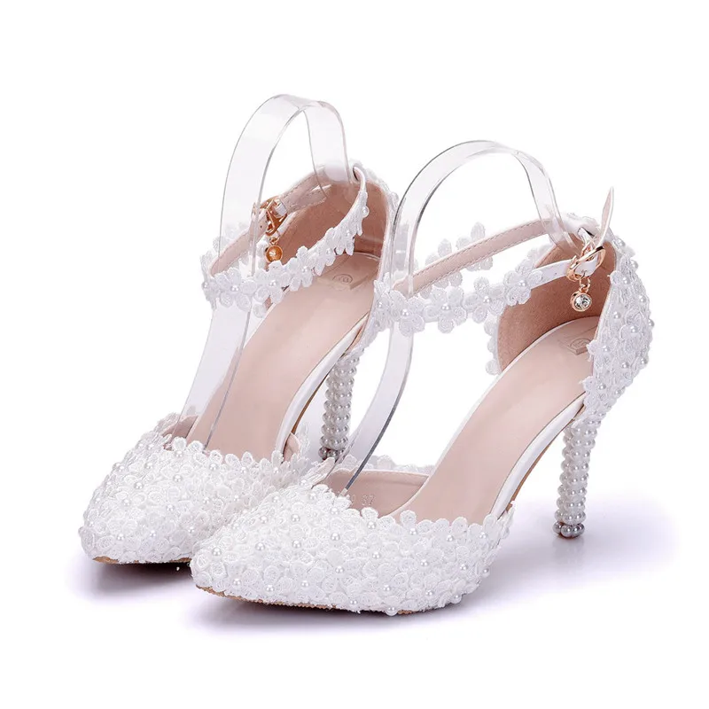 

2019 New Pearl White Lace Wedding Shoes With Pointed Toe Bride Dress Shoes Women's Summer Sandal Shoes Pumps XY-A0135