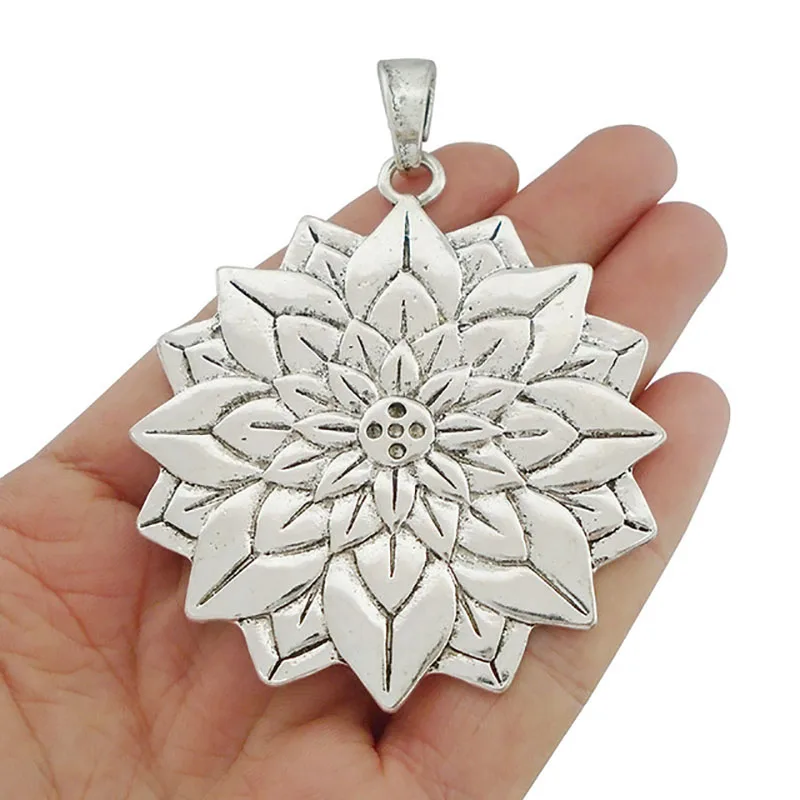 

3 x Antique Silver Metal Large Round Lotus Flower Charms Pendants for Necklace Jewelry Making Findings 71x63mm