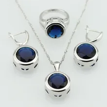 Redondo Azul Zafiro Imitado Plateado Joyería de Las Mujeres Conjuntos de Collar Colgante Anillos de Tamaño Regalo de la Feliz Navidad