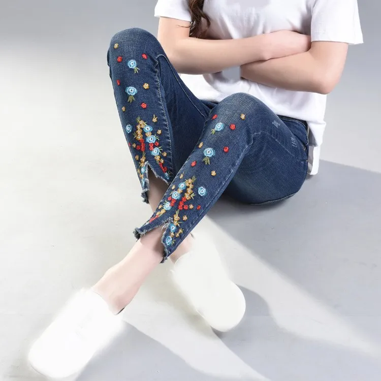 Женские эластичные джинсы с цветочной вышивкой стрейч-карандаш джинсовые брюки маленький цветочный узор Femme Джинсы