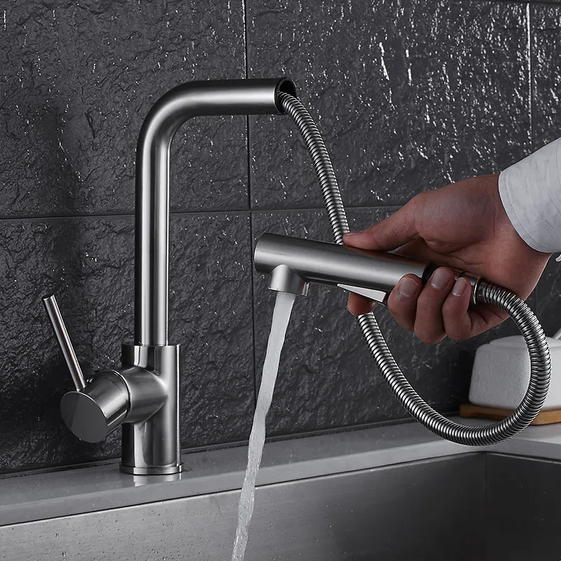 Kitchen Faucet Single Handle Pull Out Kitchen Tap Single Hole Handle 360 Rotate 304 Stainless Steel Swivel Sink Mixer Tap 9916S