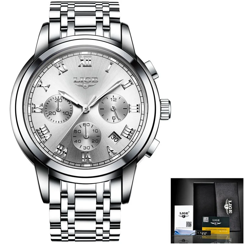 Relogio Masculino LIGE часы мужские модные спортивные кварцевые часы мужские s часы лучший бренд класса люкс полностью стальные бизнес водонепроницаемые часы - Цвет: Silver white Steel