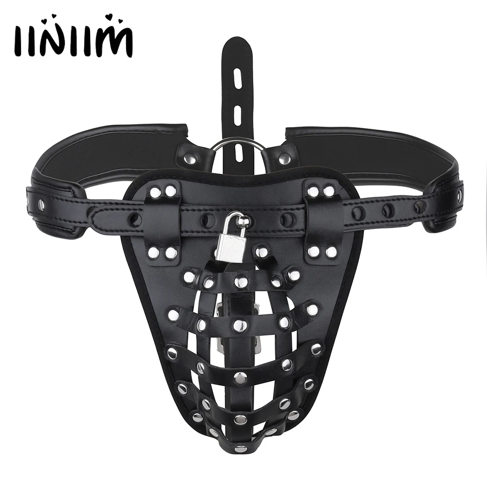 Sexy Gay Mens Lingerie Male Underwear G-string Underwear PU Leather Basket Bulge Pouch Jockstrap Underpants Adjustable with Lock Exotic Panties