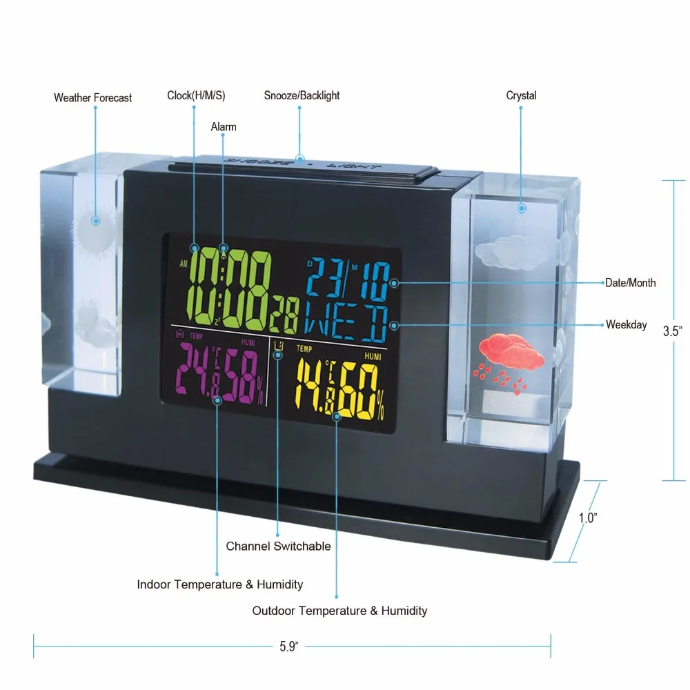 Новое поступление кристалл светодиодный метеостанция с подсветкой Крытый Открытый Температура Влажность Будильник DYKIE