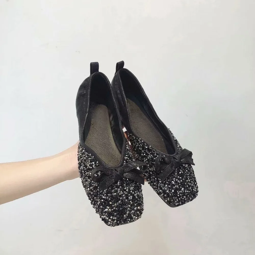 Argent Automne 2018 Carré Kjstyrka Ballerines Printemps Bout Slip Bling Plates on Chaussures De Soirée Femmes Robe Cristal xt4zYX4