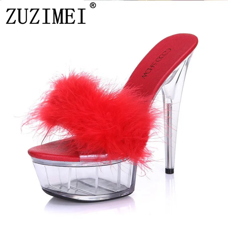 

Hot! 2019 Summer Models Models Transparent Crystal 15cm Super High Heels Waterproof Sandals Female Fun Fur Slippers Large Yards