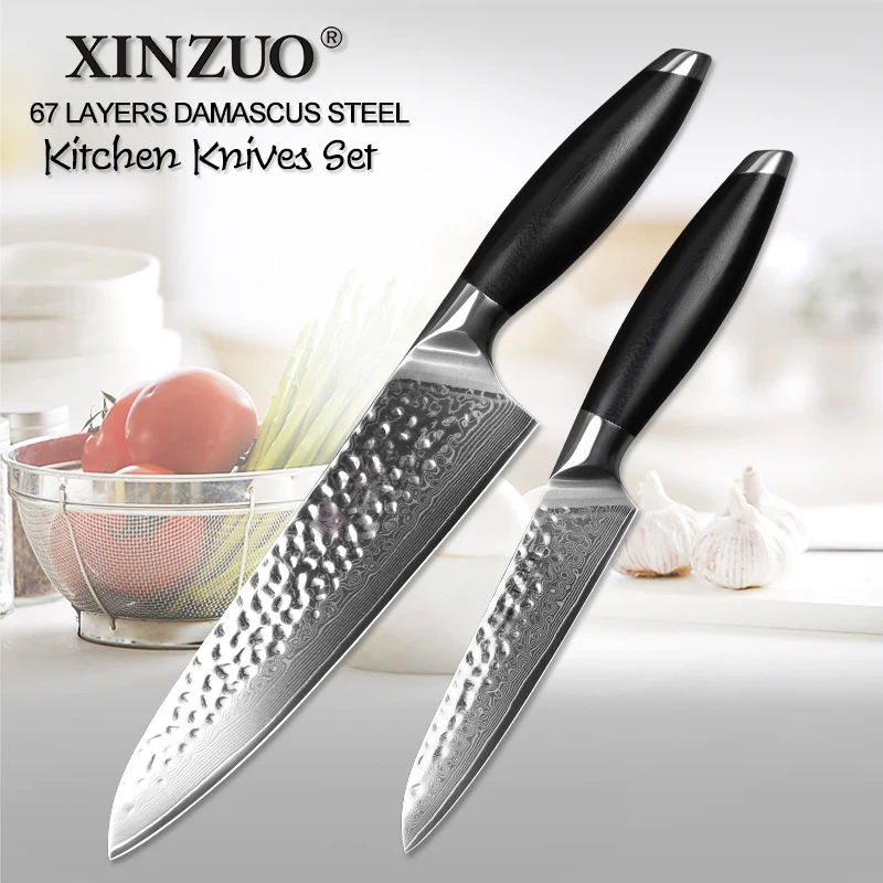 

XINZUO 2 PCS Kitchen Chef Knives Sets VG10 Damascus Steel Kitchen Knife Cutlery Sharp Razor Utility Butcher's Knife G10 Handle