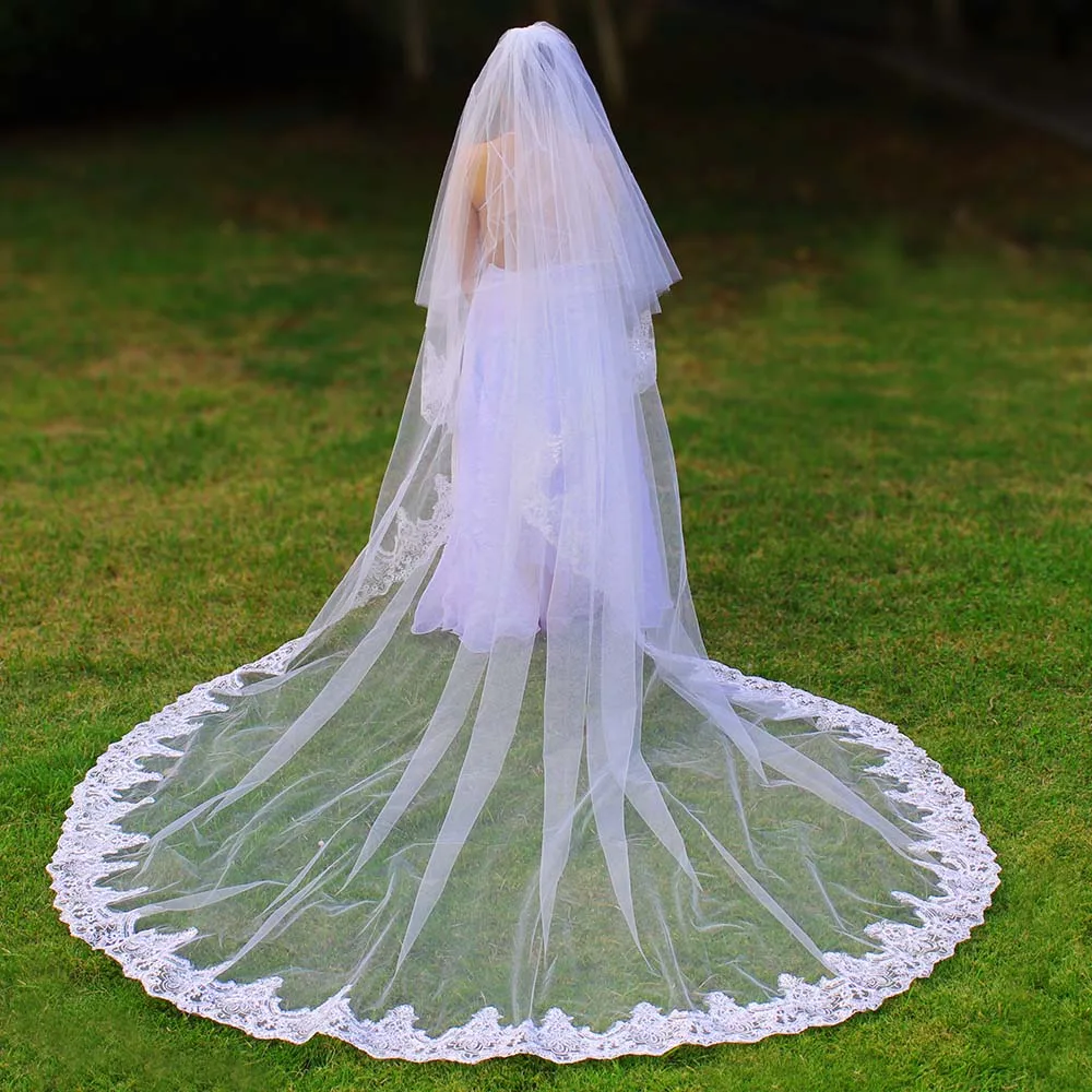 

Real Photos 2 Layers Bling Sequins Lace 3 Meters 2 T Cathedral Wedding Veil with Comb Cover Face Bridal Veil Wedding Accessories