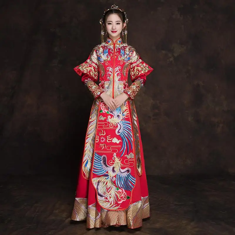 Классический воротник Мандарин Cheongsam свадебный костюм вышивка Феникс китайское свадебное платье традиционное Ципао древние Vestidos - Цвет: Full Length Dress