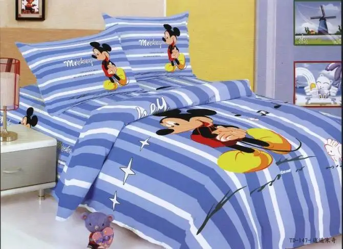 

striped mickey mouse prints bedding single twin size duvet cover sets woven cotton bed coverlet sheet boys Children's home decor