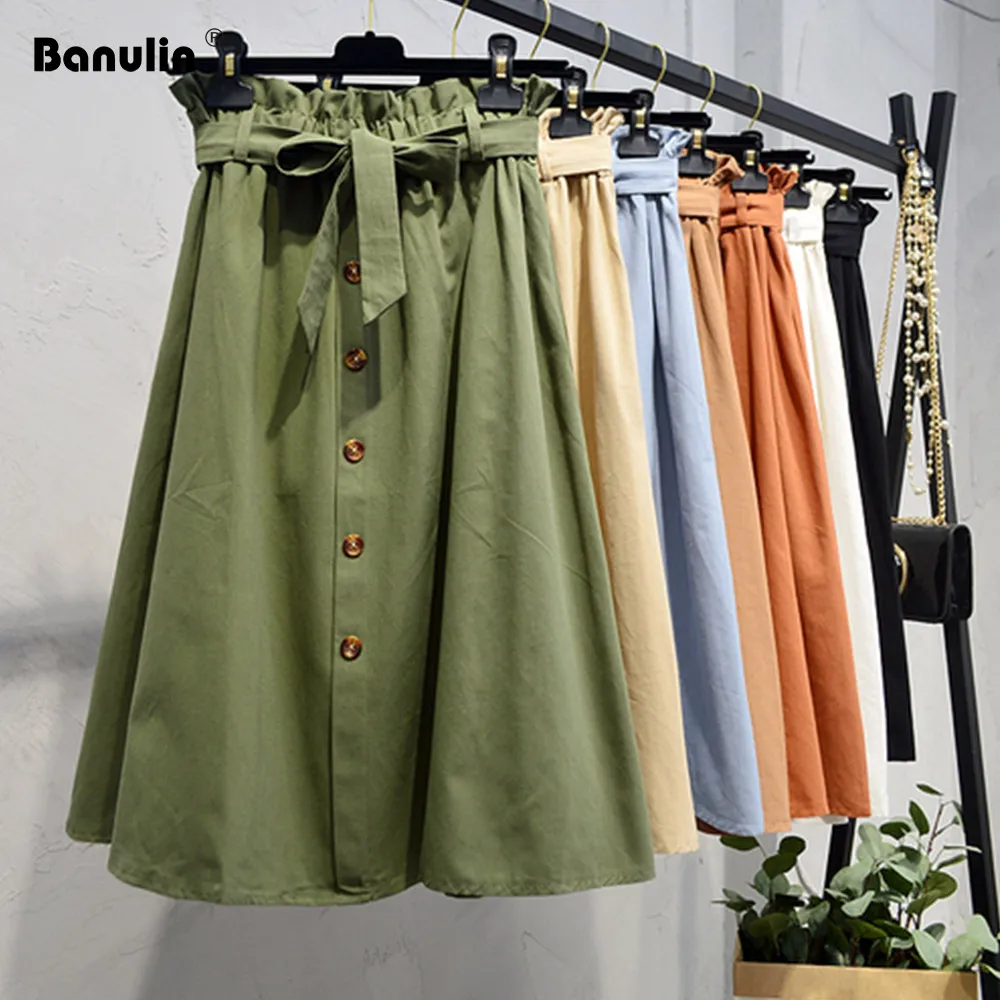 Women Skirts Korean Style High Waist Skirt 2019 Spring Summer Midi Skirts Womens Elastic Waist A Line Ladies Skirts With Belt