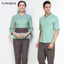 Для мужчин униформа для сотрудниц спа-салонов сервис Топы Брюки, 2 предмета набор Повседневная обувь Красота косметолог одежда модные Голубые ботинки, новое поступление