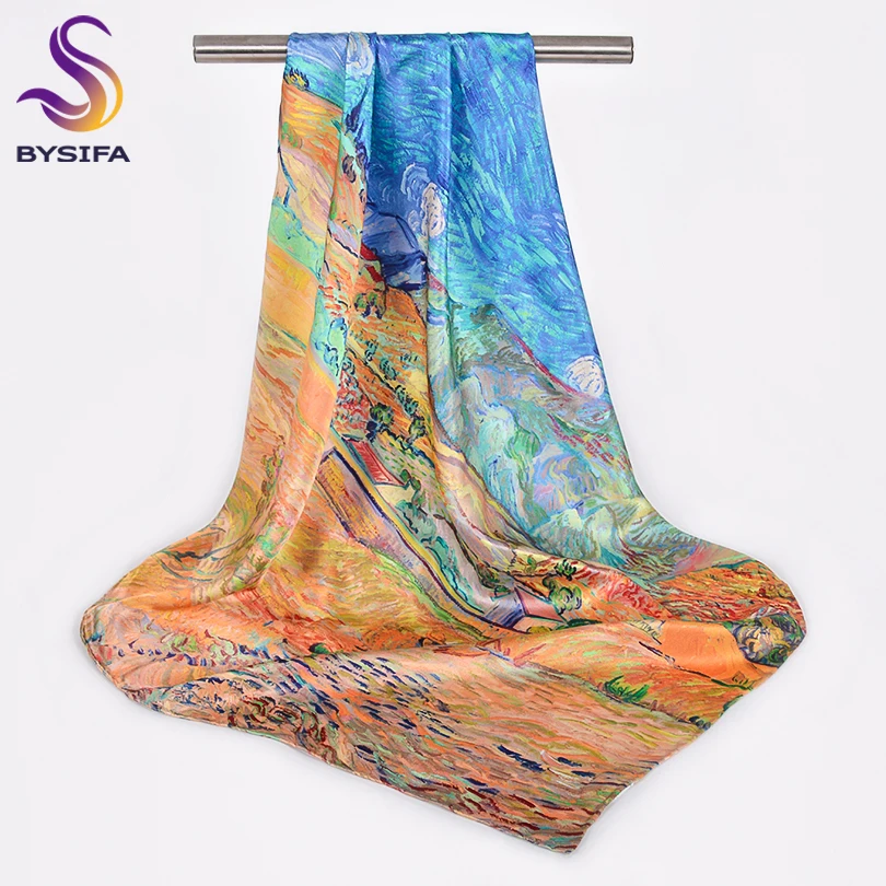 

[BYSIFA] Pure Silk Scarf Hijab Women Accessories Oil Painting Square Scarves Shawls Echarpe Fall Winter Blue khaki Neck Scarf