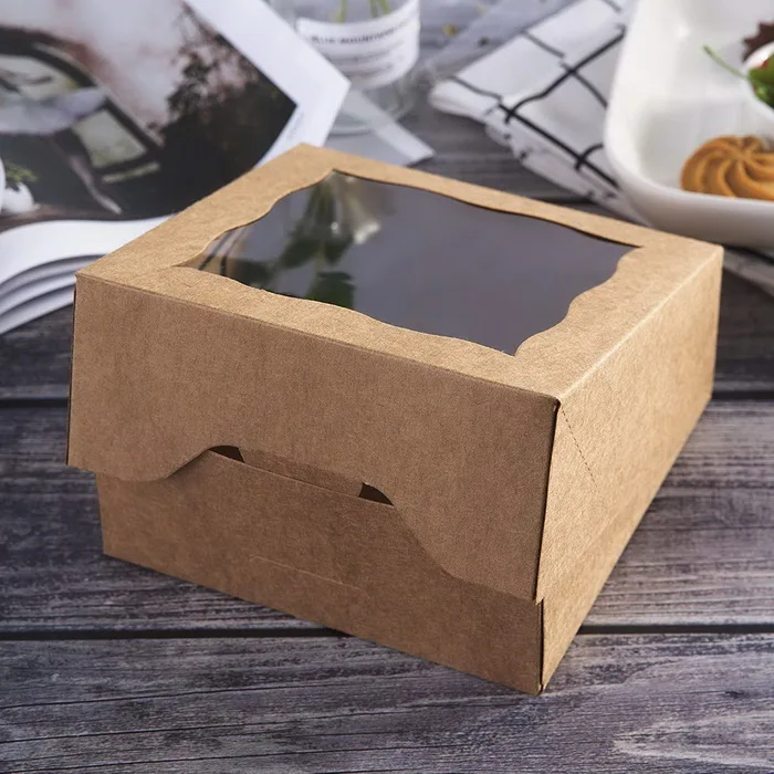 " коричневые хлебобулочные коробки с ПВХ окном для пирога и коробка для печенья маленькая натуральная Крафт бумажная коробка 6x6x2,5 дюймов, 12 упаковок