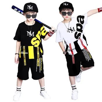 

Big Boy's Summer Woven Belts Sets Letters Spa Color Patchwork Loose Fit T-shirts+Shorts 2PCS Clothing Sets Hip Hop Dancer Sets