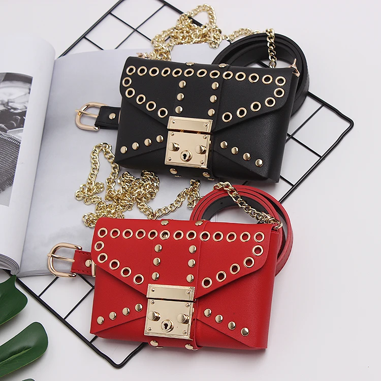 

2019 European Design Red Black PU Waist Chain Belt With Phone Bag Women Punk Rivet Metal Chain Shoulder Fanny Wast Packs Belts