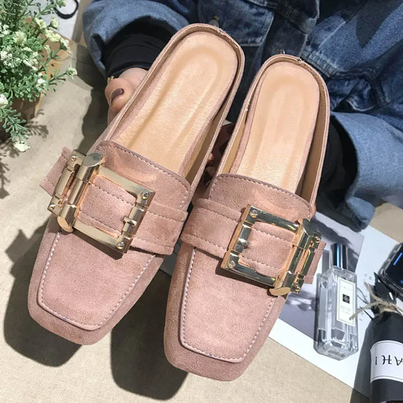 

2018 New Fashion Slippers Women Flat Mules Women Shoes Slides Woman Metal Black Slip On Casual Square Toe Slippers Ladies Shoes