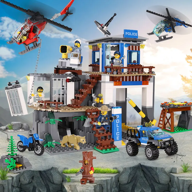 

742Pcs Compatible Legoings City Series Mountain Police Helicopte Headquater Set Building Blocks Model Building Toys for Children