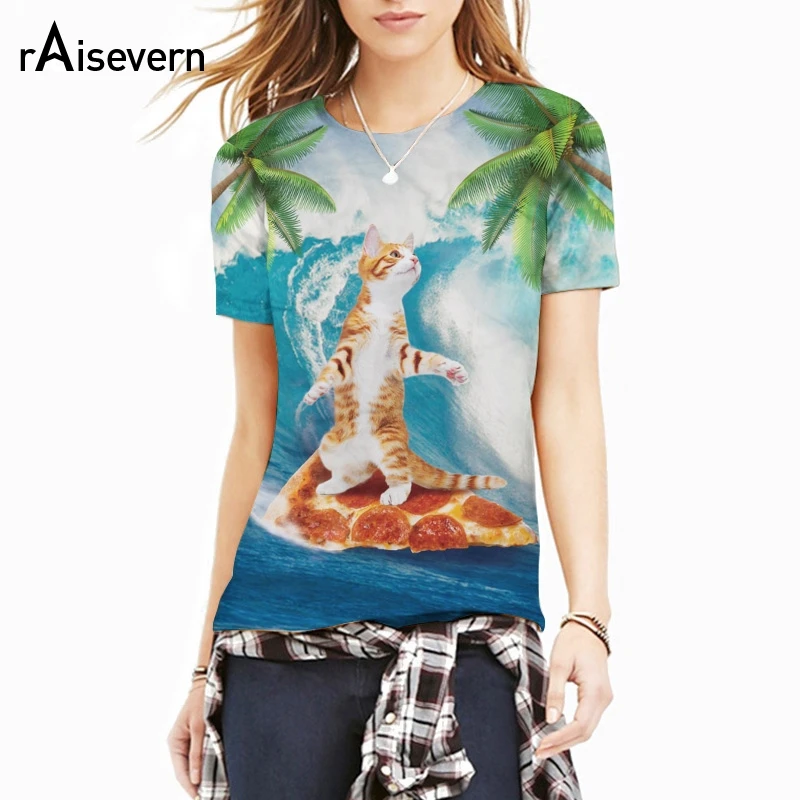 

Raisevern New Summer Style Kitten T Shirt 3d Hilarious Cat On Pizza Tee Top Palm Tree Harajuku Funny Top Shirt Dropship
