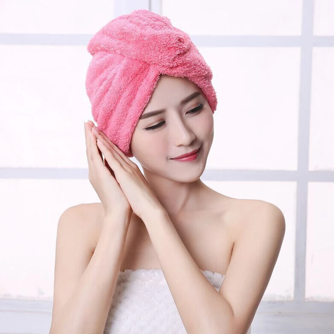 

1Pc Dry Hair Bath Towel Microfiber Quick Drying Turban Super Absorbent Women Hair Cap Wrap with Button Thicken
