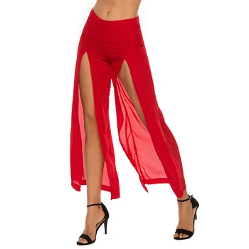 

2020 New Women Fashion Loose High Waist Chiffon Pants Trousers Front Split Casual Pants Summer Wide Leg Pants Pantalones