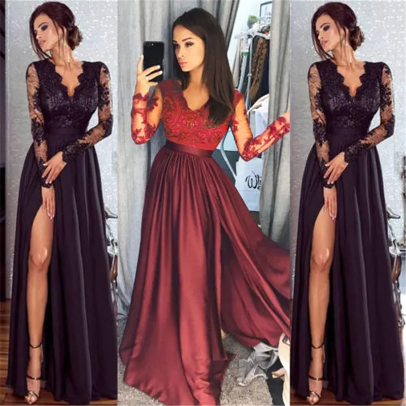 

New Women Lace Evening Party Ball Prom Gown Formal Cocktail Wedding Long Beautiful Sexy Deep V Lace Dress