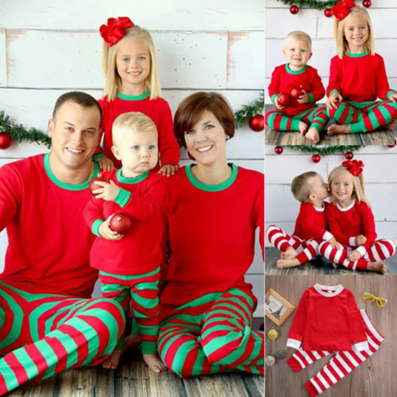 

2018 Brand New Christmas Xmas Kids Adult Family Pajamas Set Striped Sleepwear Nightwear Costume Matching 2Pcs Set Clothes