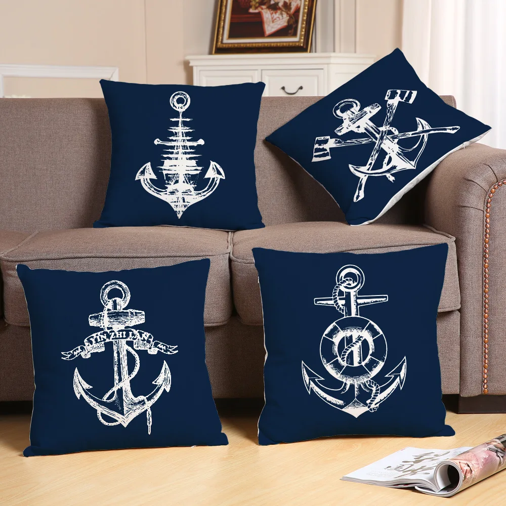 

Navigation Throw Pillows Mediterranean Navy Blue Sea Anchor Ship Helm Cushion Cover Compass Pillow Case for Sofa Home Almofadas