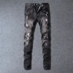2019 новые мужские Плиссированные рваные джинсы мужские Стрейчевые тонкие маленькие прямые брюки с дырками мужские брюки больше размеров 28-38