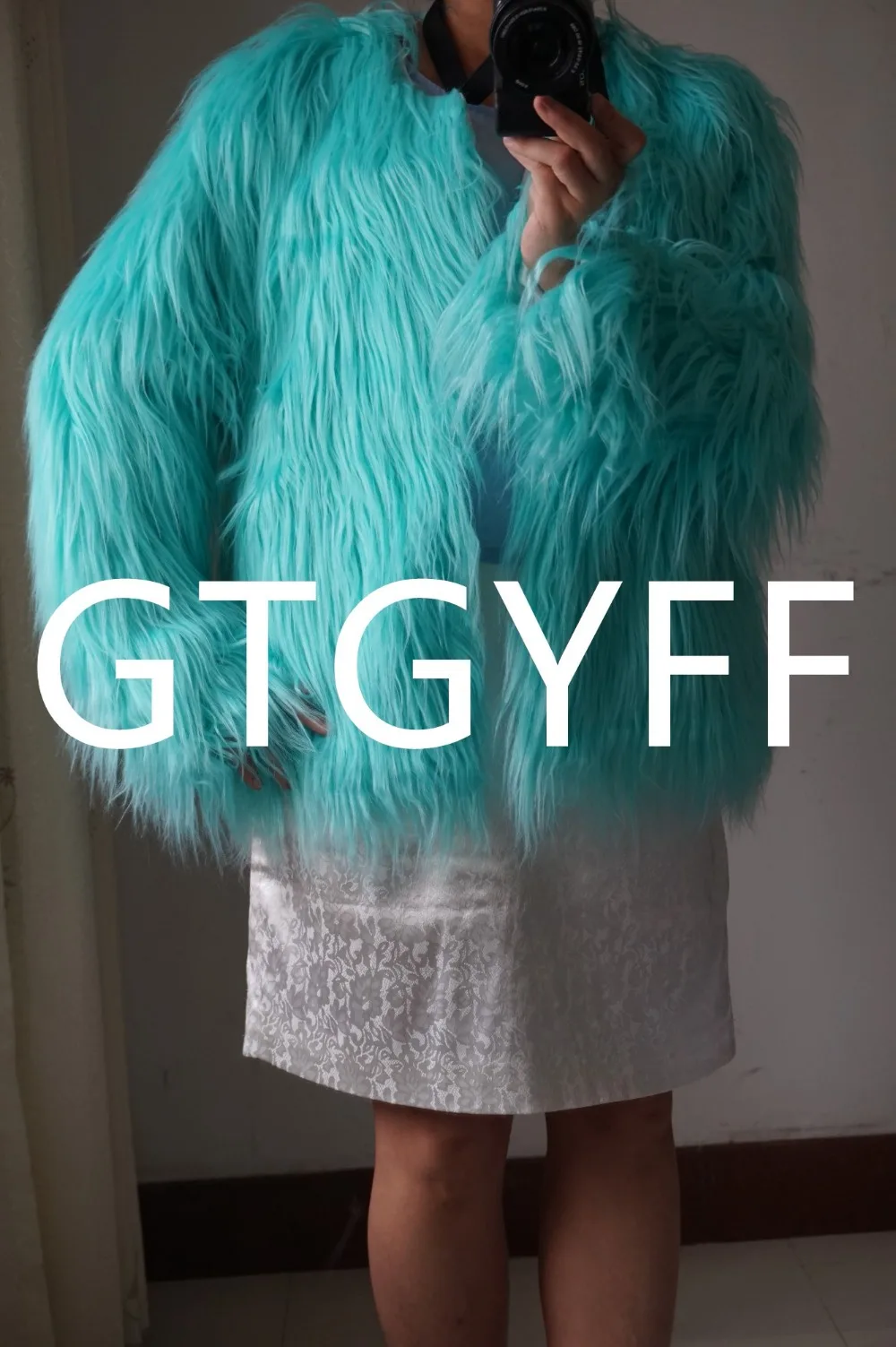 GTGYFF woman shaggy fluffy long sleeve fake faux fur jacket coat women warm garment mint green S-XXXL women's artificial coats