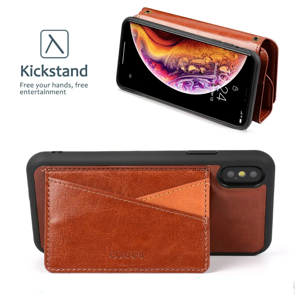 Кожаный чехол CORNMI для IPhone X XS, чехол на молнии, бумажник съемный чехол для телефона с отделением для карт, удобный ремешок