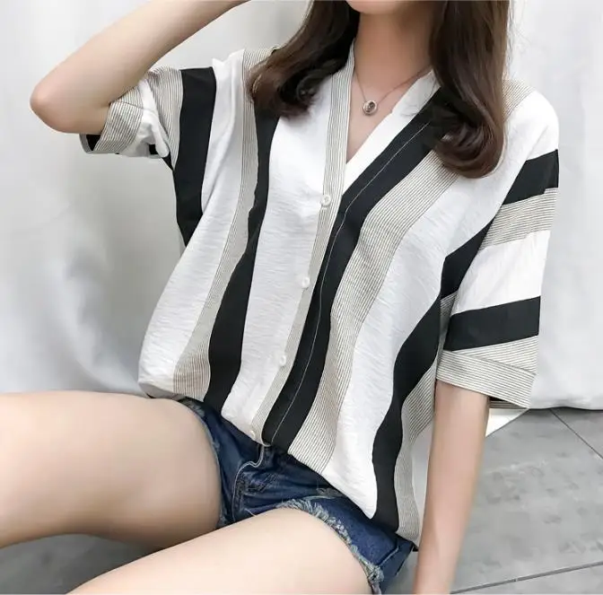 

Mr.nut Chiffon Cotton fashion Casual Button V-Neck Striped ladies shirt