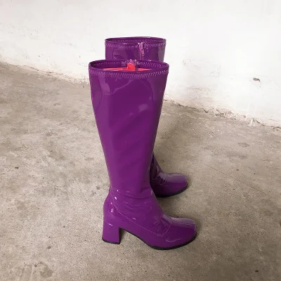 Новые женские зимние ботинки из лакированной кожи с круглым носком обувь на квадратном каблуке мотоциклетные ботинки швейная обувь до середины икры - Цвет: Фиолетовый