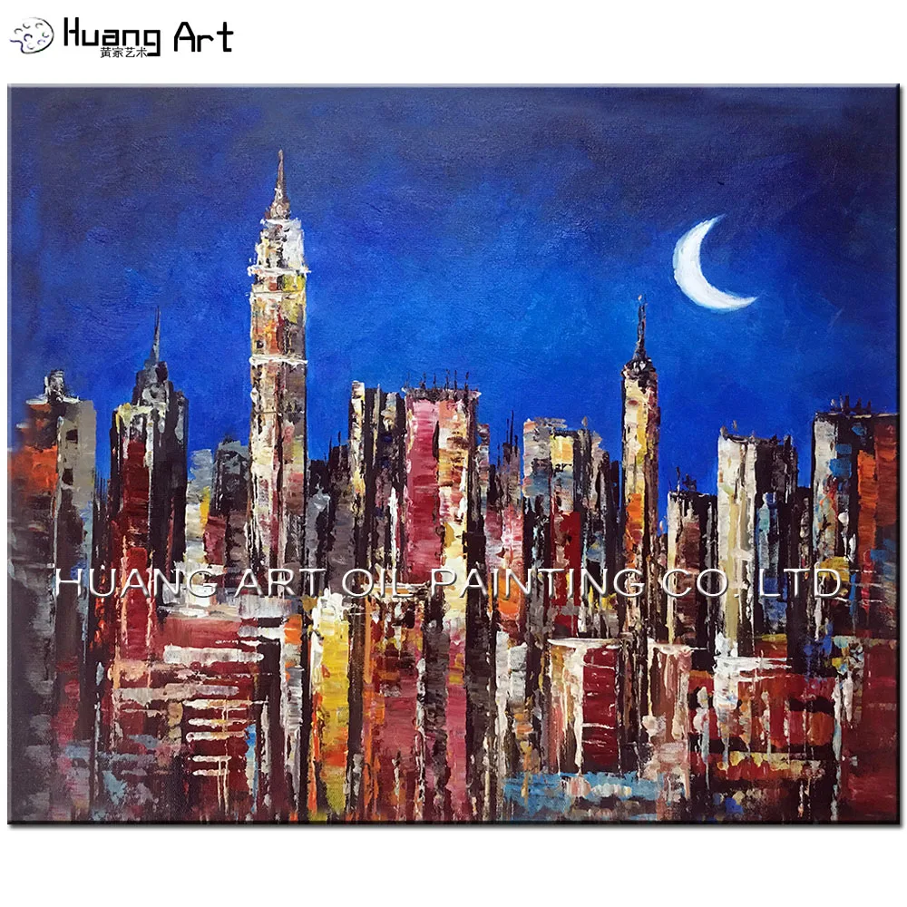

Handmade Oil Painting on Canvas Abstract Night Scenery of the Building City Picture for Living Room Modern Moon on Sky Landscape