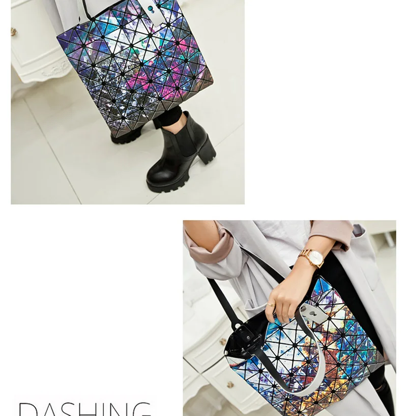 Fashion Ladies Folded Geometric Plaid Bag Women Laser Bright Casual Totes Bag Shoulder Bags Fold Over Bao Bao Handbags (19)